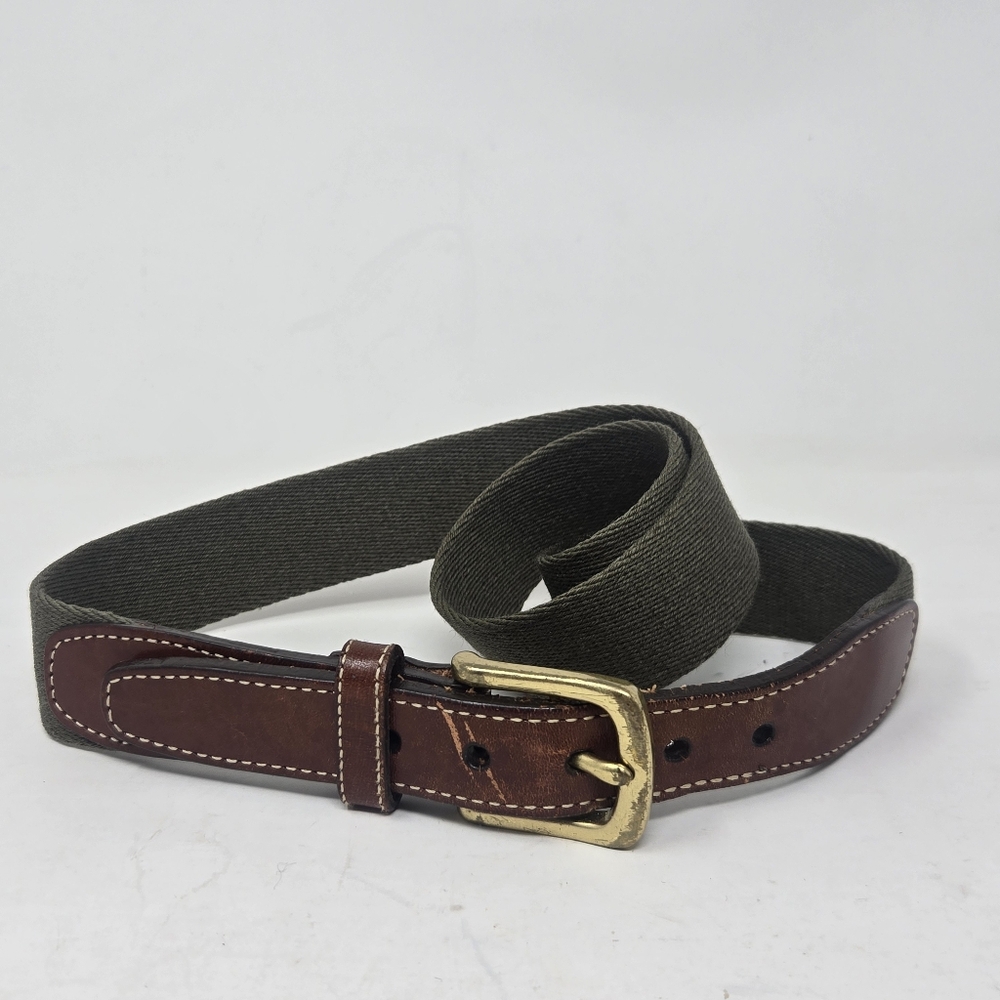 LL BEAN Golf‎ Belt Men 44 Brown Leather Green Canvas Brass Buckle Made USA